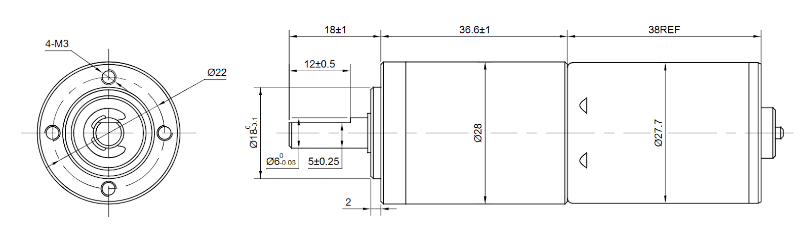 Figure #1 Dimensions of the Gear Motor in mm.